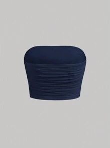SHEIN MOD Navy Blue Summer Solid Ruched Mesh Tube Top - Navy Blue - View 2