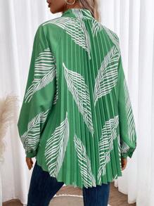 Breezaya Bản in nhiệt đới Đường viền cổ có rãnh Tay áo lồng đèn Áo sơ mi - Màu xanh lá cây đậm - Xem 3