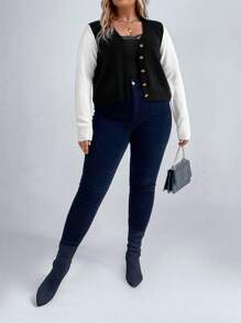 SHEIN LUNE Plus Two Tone Button Front Cardigan
