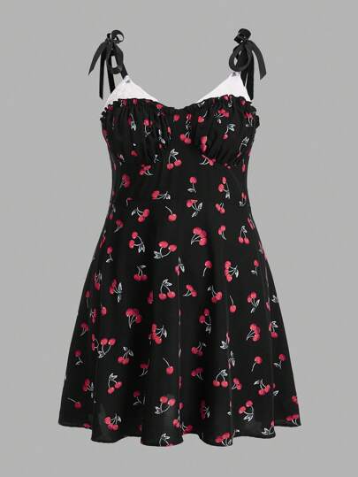 Kawaii فستان كامي بطباعة كرز بربطة كتف مقاس كبير