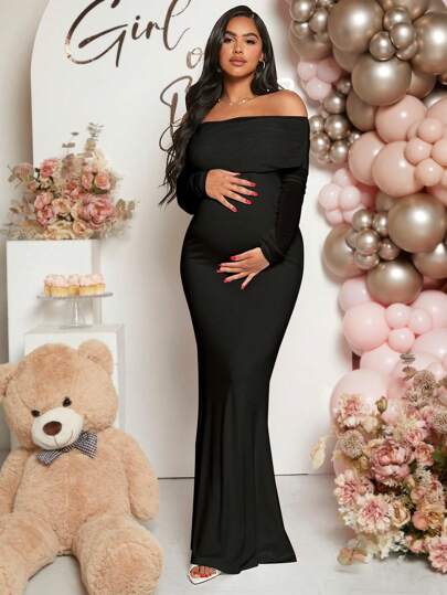 Loomaby Pregnant Women Off-Shoulder Fishtail Baby Shower Long Sleeve Dress For Maternity