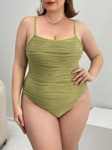 SHEIN Essnce Plus Solid Cami Bodysuit - Green - View 3