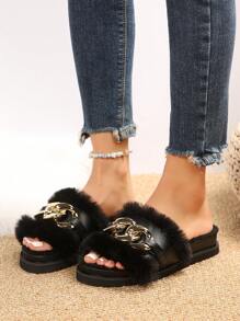 女性輕便金屬鏈拖鞋,青年秋冬拖鞋 - 黑色 - 查看 1