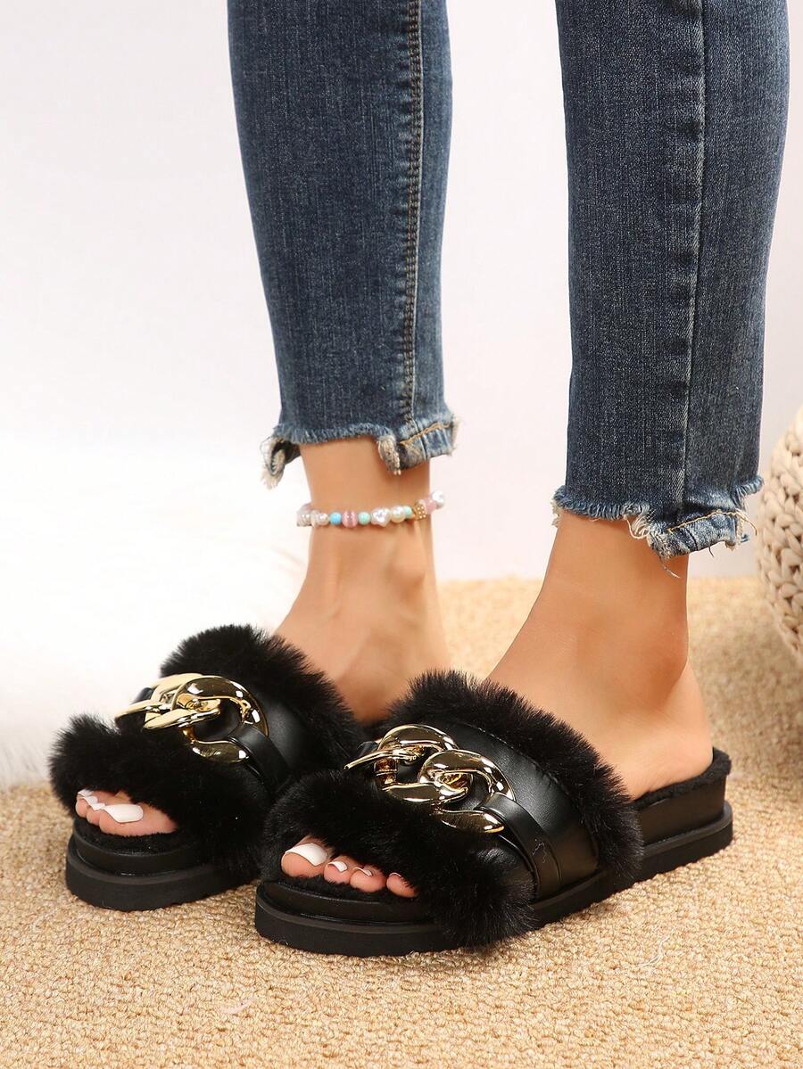 女性輕便金屬鏈拖鞋,青年秋冬拖鞋 - 黑色 - 查看 1