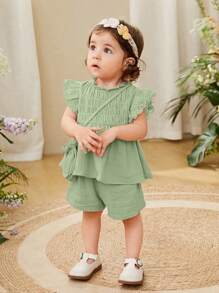 Cozy Pixies Baby Girl Ruffle Trim Peplum Top & Shorts - Mint Green - View 3