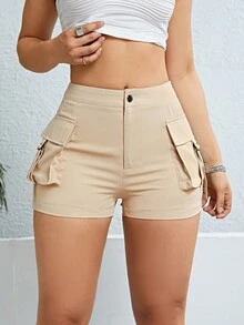 Flap Pocket Side Cargo Shorts - Apricot - View 4