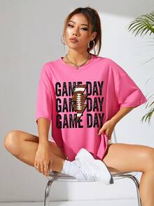 SHEIN EZwear Camiseta de hombros caídos con estampado de letra - Rosa Fucsia - Ver 6