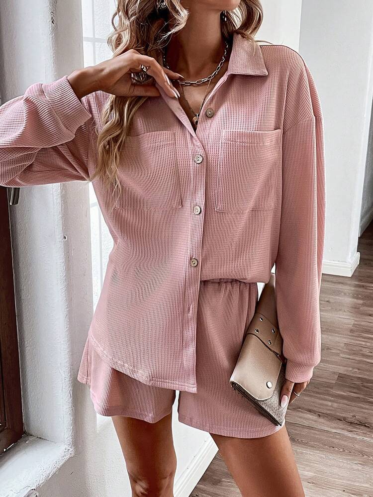 Drop Shoulder Pocket Patched Shirt & Shorts