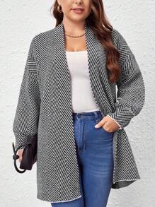 SHEIN LUNE Plus Size Chevron Pattern Drop Shoulder Cardigan - Black and White - View 1