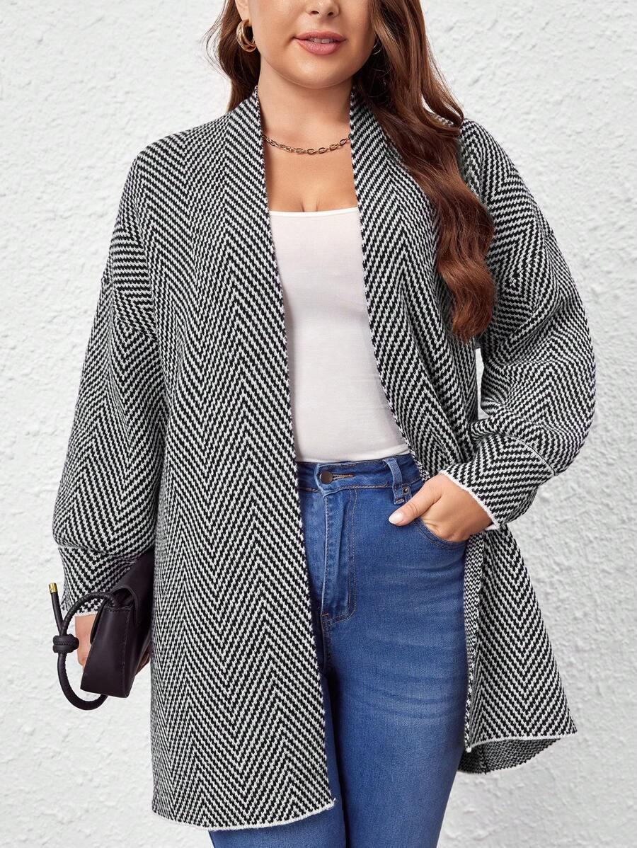 SHEIN LUNE Plus Size Chevron Pattern Drop Shoulder Cardigan - Black and White - View 1