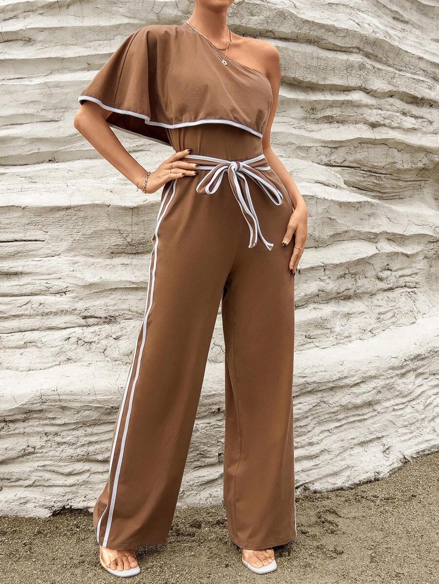SHEIN Privé Jumpsuit mit einer Schulter frei, Kontrastsaum, Gürtel, - Braun - Übersicht 1