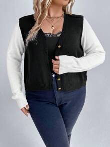 SHEIN LUNE Plus Two Tone Button Front Cardigan