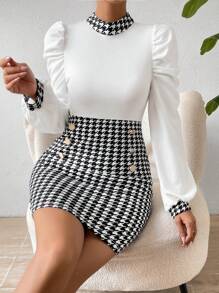 SHEIN Privé Houndstooth Print Gigot Sleeve Mock Neck Bodycon Dress - White - View 6