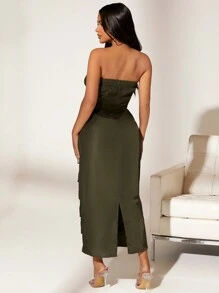 SHEIN SXY 下擺開叉褶邊抹胸洋裝 - 軍綠色 - 查看 2