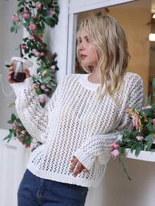 素色落肩袖網眼針織套頭毛衣 - 白色 - 查看 5