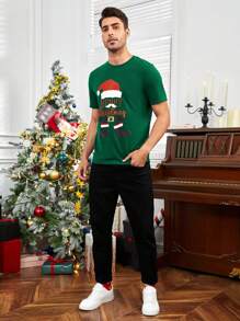 Manfinity VCAY 男士聖誕老人&標語圖案T恤 - 墨綠色 - 查看 6