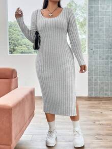 Flirla Plus Split Thigh Ribbed Knit Dress - Grey - View 6