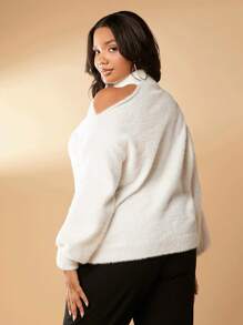 SHEIN SXY Plus Cut Out Shoulder Fluffy Knit Sweater - White - View 2