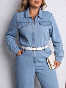 SHEIN LUNE 大碼翻蓋細節闊腿牛仔連身褲不附腰帶 - 淺色水洗藍 - 查看 4