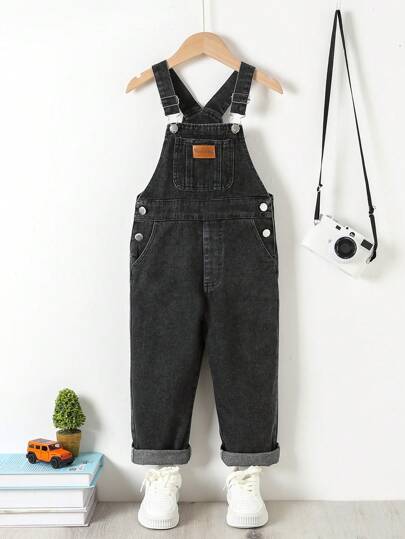 Genkimix Kids Young Boys' Washed Retro Letter Patch Denim Overalls Chic Outfits For Autumn/Winter