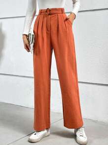 SHEIN Frenchy Chi tiết nếp Thắt lưng Quần chân thẳng - Gỗ đỏ - Xem 6