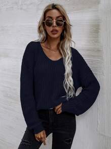 SHEIN LUNE 素色落肩袖V領套頭毛衣 - 藏蓝色 - 查看 4