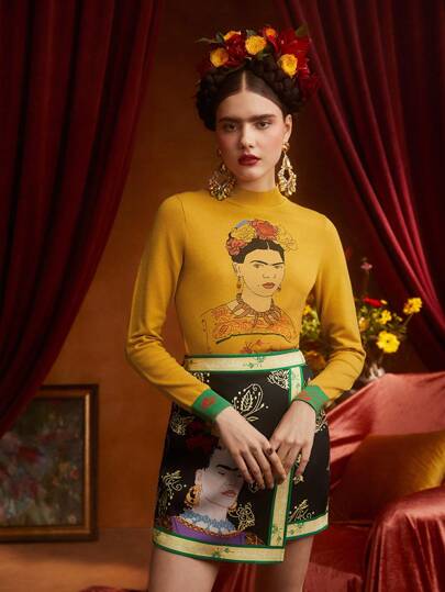 Frida Kahlo X SHEIN Jersey con patrón de figura de cuello alto