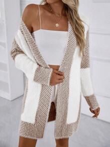 SHEIN LUNE Two Tone Drop Shoulder Cardigan,Long Sleeve Tops Fall Winter Cloth For Women - Coffee Brown - View 3
