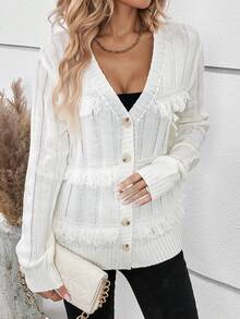 SHEIN Essnce Viền rìa Nút phía trước Áo len Mở - trắng - Xem 5