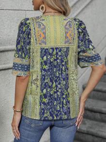 SHEIN LUNE Floral Print Puff Sleeve Blouse - Multicolor - View 2