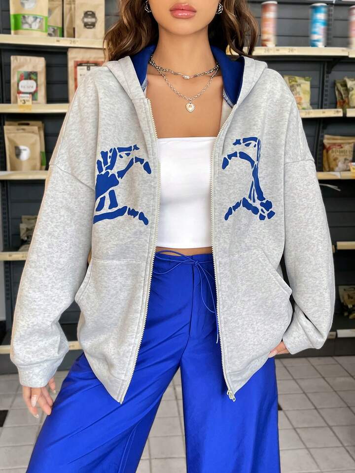 SHEIN Coolane Skeleton Hand Print Drop Shoulder Zip Up Hoodie | SHEIN USA