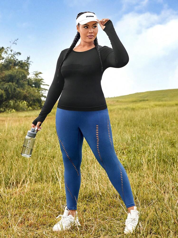 Easithlete Talla grande Camiseta deportiva unicolor agujeros para pulgares - Negro - Añade 5