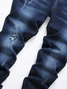 Manfinity LEGND Men Ripped Frayed Cat Scratch Skinny Jeans Slim Fit Long Washed Jean Cargo Plain Dark Blue Work Basic Husband - Medium Wash - View 3