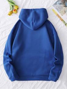 SHEIN EZwear Đồ họa Chữ cái Túi kangaroo Dây rút Áo hoodie ấm áp - Màu xanh lam - Xem 2