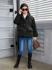 SHEIN Tween Girl Letter Patched Detail Drop Shoulder Belted Padded Coat