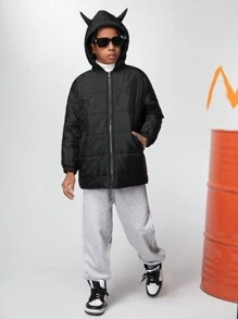 SHEIN Cappotto imbottito con cerniera e design orecchio 3D per ragazzo pre-adolescente