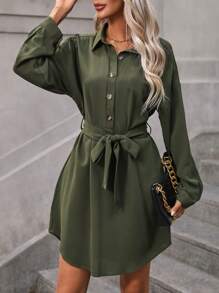 SHEIN LUNE Chất rắn Thắt lưng Váy sơ mi - xanh quân đội - Xem 1