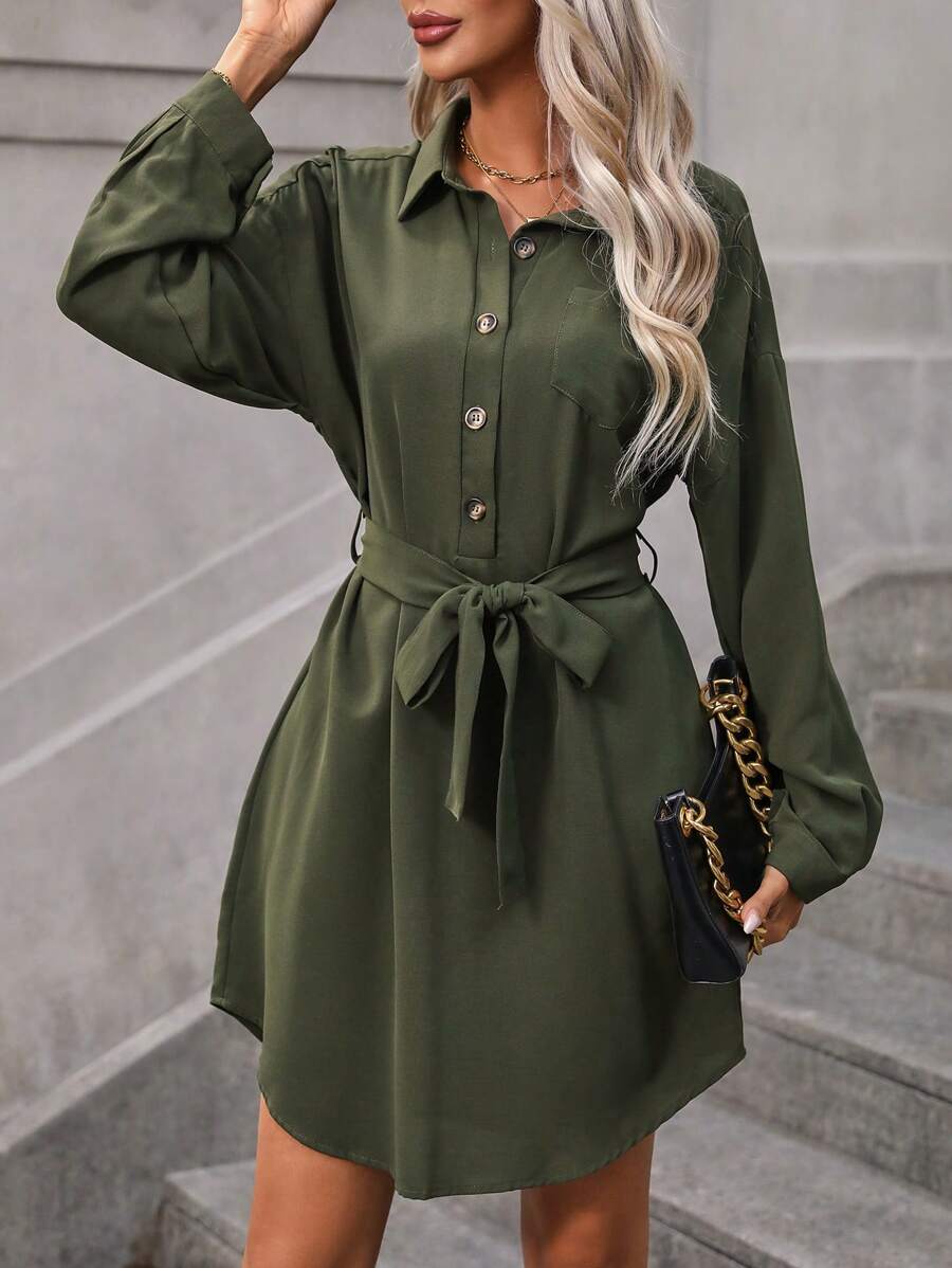 SHEIN LUNE Chất rắn Thắt lưng Váy sơ mi - xanh quân đội - Xem 1