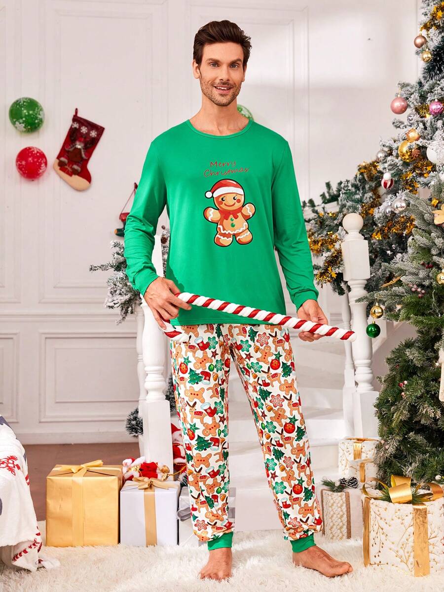 男士聖誕薑餅人印花休閒服套裝適用於聖誕 - 綠色 - 查看 1