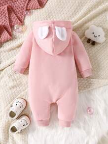 女嬰雲朵圖案3D耳朵設計連帽前拉鍊連身褲 - 粉色 - 查看 2