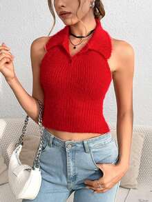 SHEIN Unity 素色露背繞頸露背針織短上衣 - 紅色 - 查看 5