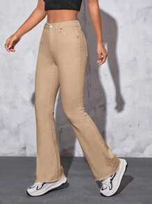 女式休闲百搭纯色修身喇叭牛仔裤 - 卡其色 - 查看 3