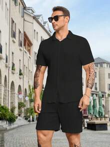 Manfinity Homme Hombres talla grande Camisa unicolor con botón & Shorts - Negro - Ver 4
