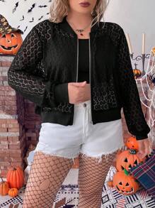 SHEIN LUNE Plus Zip Up Lace Bomber Jacket - Black - View 4