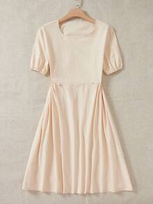 SHEIN LUNE Solid Puff Sleeve A-line Dress - Apricot - View 5