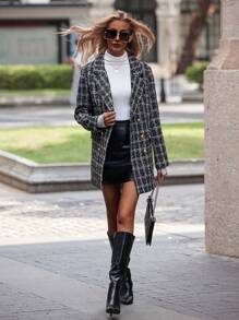 SHEIN Clasi Plaid Pattern Double Breasted Overcoat - Black - View 3