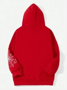 SHEIN Coolane Plus Halloween Spider Web Print Zip Up Jacket - Red - View 2