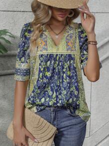 SHEIN LUNE Floral Print Puff Sleeve Blouse - Multicolor - View 1