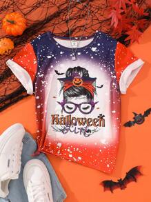 SHEIN 女大童1入組萬聖印花T恤 - 紫色 - 查看 1