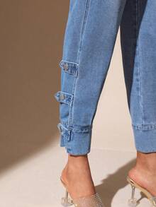 SHEIN Essnce Flap Detail Tapered Jeans - Blue - View 7